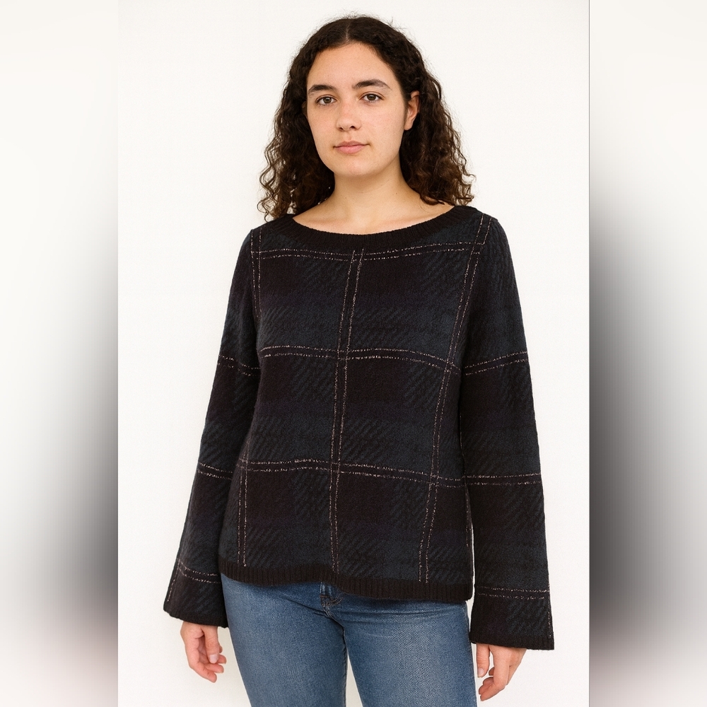 Ann Taylor Womens Wool Blend Wide Sleeve Chic Plaid Sweater Size Small